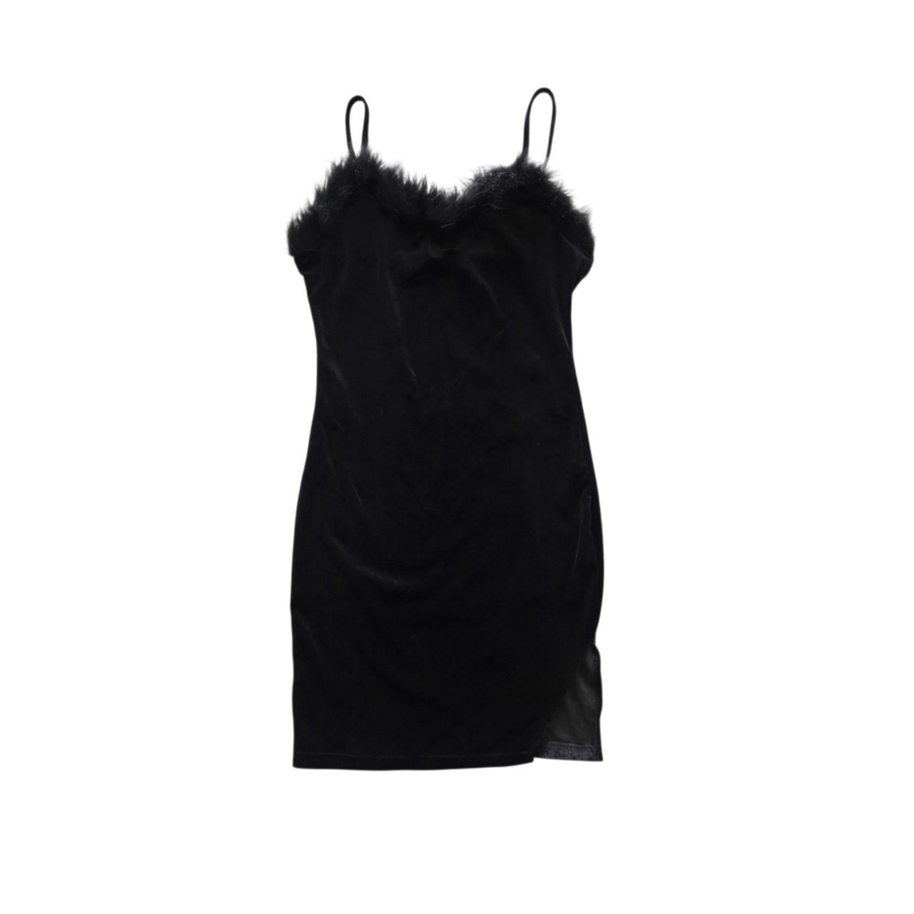 Fuzzy Trim Velvet Bodycon Mini Dress 4 Black Fitted Party Glam Whimsigoth Witchy